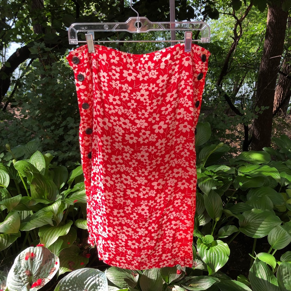 Madewell Red and White Flower Midi Skirt